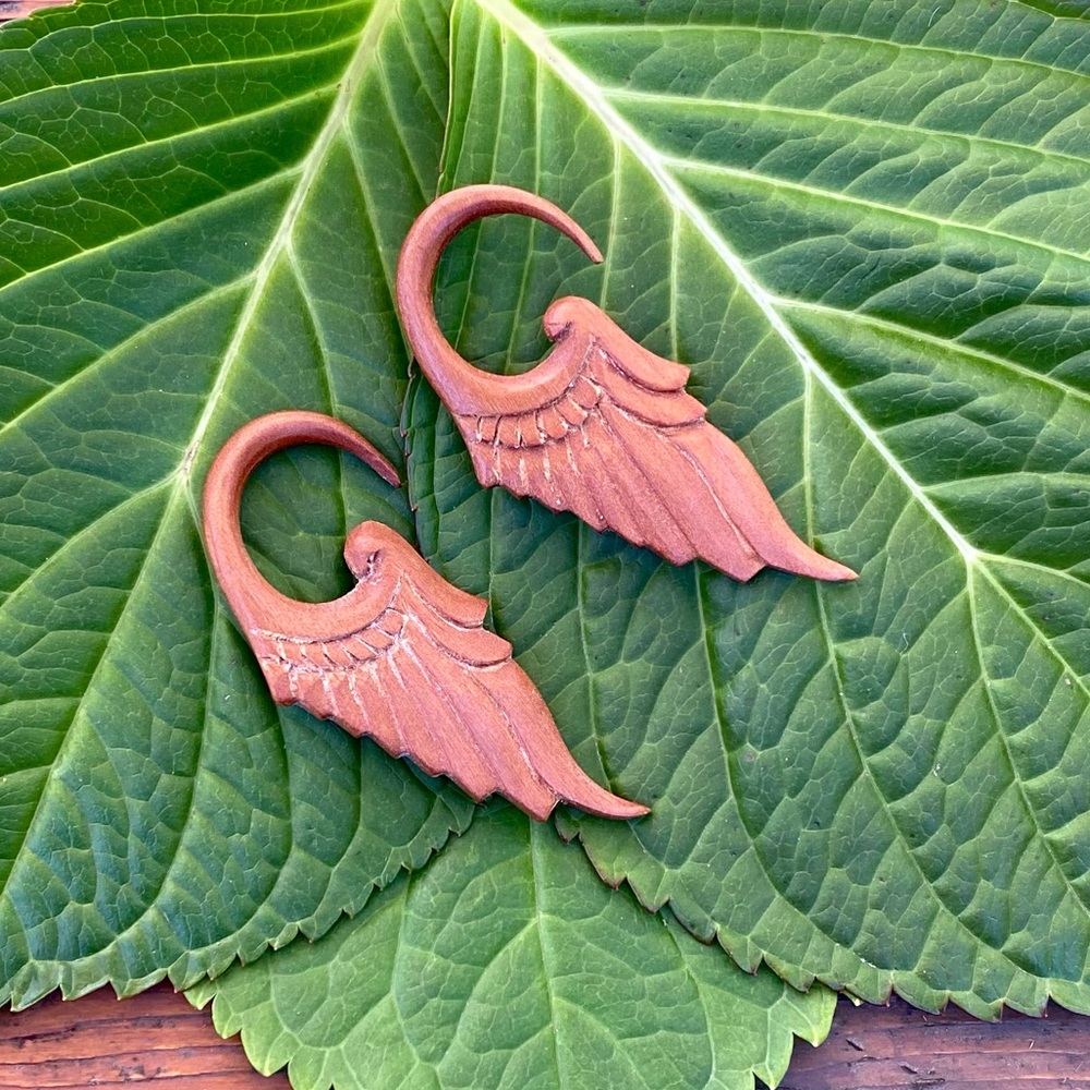 🌈  3/$20 HANDMADE GAUGE TAPERED HANGER ORGANIC FEATHER BIRD WING WOOD EARRINGS